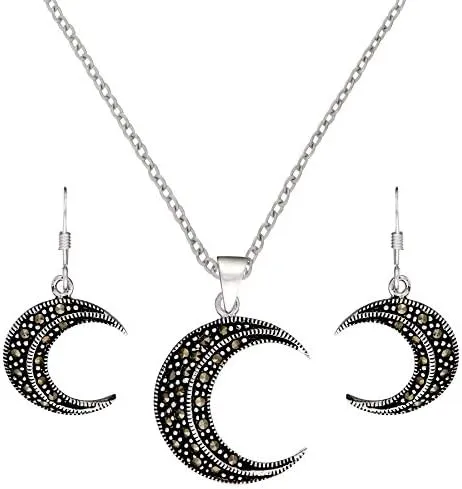 Silverly Sterling Silver Simulated Markasite Crescent Moon Earrings Pendant Set