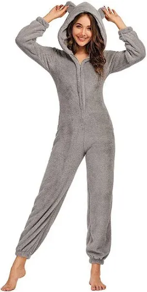 chouyatou Women's Ultra Comfy Lounge Furry Sherpa Romper Onesie Pajamas Cute Ear Hood