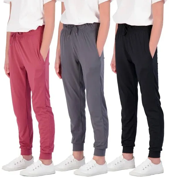 Real Essentials 3 Pack: Girls' Lounge Joggers Soft Athletic Performance Casual Sweatpants(Ages 7-16)