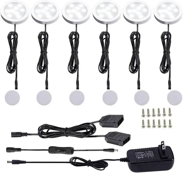 AIBOO 12V LED Under Cabinet Lights Kit 6 Pack Black Cord Aluminum Puck Lamps for Kitchen Counter Closet Lighting with Manual on/Off Switch 12W 6 Lights (2700K Warm White)