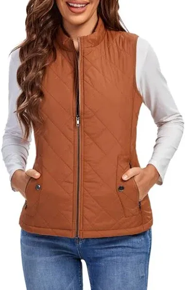 Fuinloth Women's Quilted Vest, Stand Collar Lightweight Zip Padded Gilet