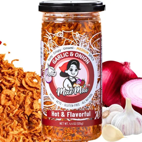 MaeMai Chili Crisp (MEDIUM HOT Spice) - Non-Oily Chili Crisp Topper, Rice Seasoning, Ramen Topper, Furikake, Umami Onion & Garlic Flakes | 4.41 oz Resealable Bottle