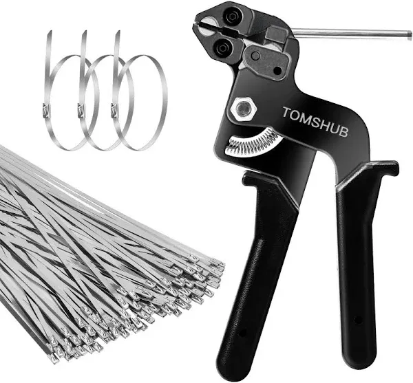 TOMSHUB Stainless Steel Cable Tie Gun with 100 Pcs 11.8 inch Metal Zip Ties T...