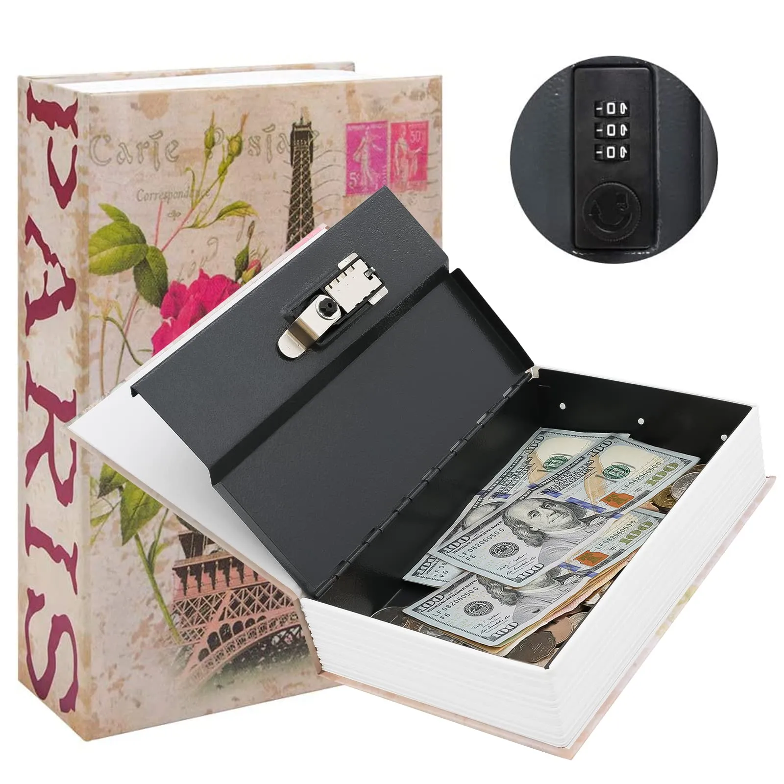 KYODOLED Diversion Book Safe with Combination Lock,Money Hiding Box,Safe Secret Hidden Metal Lock Box,Collection Box,9.5" x 6.2" x 2 .2",France