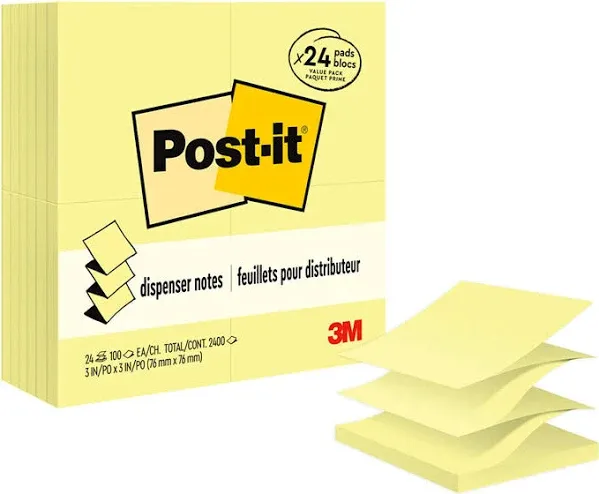 Post-it Pop-Up Notes Original Canary Yellow Pop-Up Refill, 3 x 3, 100-Sheet, 24/Pack