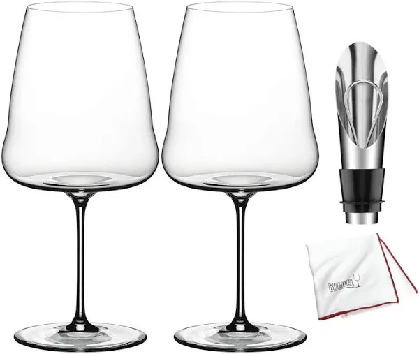 Riedel Winewings Cabernet Sauvignon Glass (2-Pack) with Wine Pourer and Polishing Cloth Bundle (4 Items)