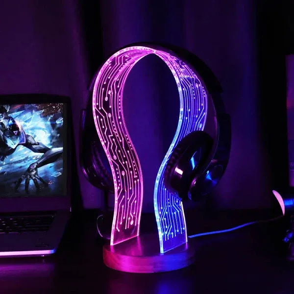 Gifts for Gamers and Music Lovers, Light Up Headphone Stand, Walnut Wood 