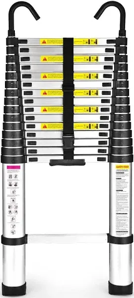 Telescopic Ladder, Soctone 15.5ft Aluminum Lightweight Telescopic Ladder with Hooks, 330lb Load Capacity, Collapsible Telescopic Ladder，rv ladder, Silver