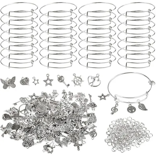 Charm Bracelet Making Kit,UPINS 30Pcs Silver Expandable Blank Bracelets Adjustable Wire Bangles with 100Pcs Tibetan Silver Charms, 200Pcs Open Jump Rings for Jewelry Making