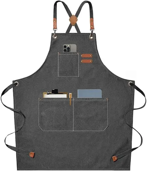 Chef Aprons for Men Women with Large Pockets, Cotton Canvas Cross Back Darkblue