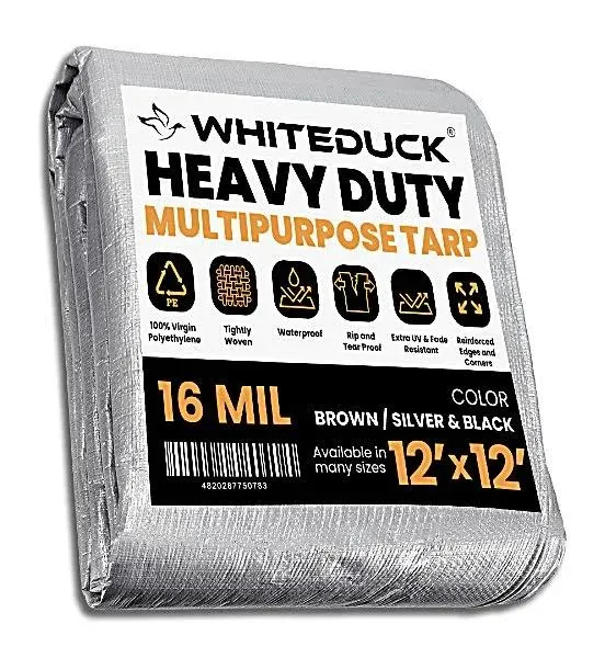 WHITEDUCK Super Heavy Duty Poly Tarp Cover 16 Mil & 10 Mil with Grommets and Reinforced Edges (Brown, White & Silver Black) (Silver Black- 16 Mil, 4' x 20')