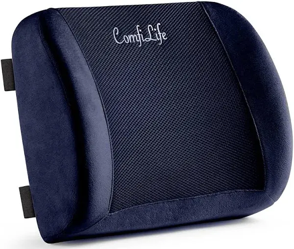 ComfiLife Lumbar Support Back Pillow Office Chair and Car Seat Cushion - Memory Foam with Adjustable Strap and Breathable 3D Mesh (Navy)