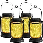 YJFWAL 4 Pack Hanging Solar Lantern Lights,Vintage Glass Mason Jar Solar Fairy Lights Outdoor Decorative Waterproof Table Lamp with Stakes for Patio