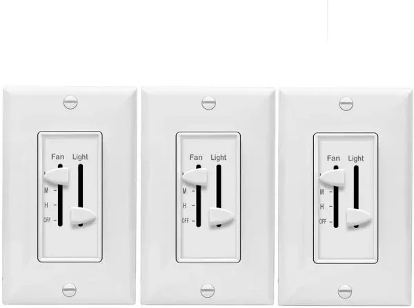 3-Speed Ceiling Fan Control &amp; Dimmer Light Switch - Easy Installation, White