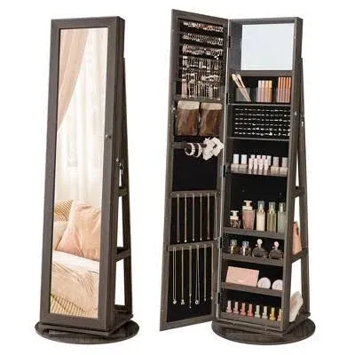 360° Swivel Jewelry Cabinet, Lockable Jewelry Organizer with Full-Length Mirror, Rear Storage Shelves, Mirror, Jewelry Armoire