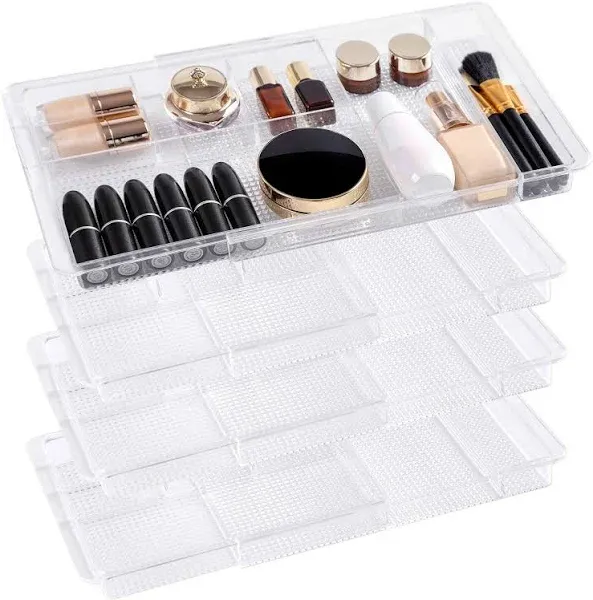 Oubonun Expandable Drawer Organizer 11.1 to 19.2 Width Shallow Cosmetic Organizer 1.3 Height 4 Packs Clear Plastic Storage Trays for Dressing Ta