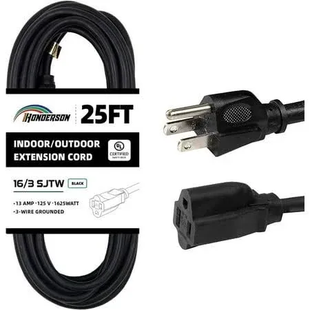 25 Ft Outdoor Extension Cord with 3 Electrical Power Outlets - 16/3 SJTW Durable