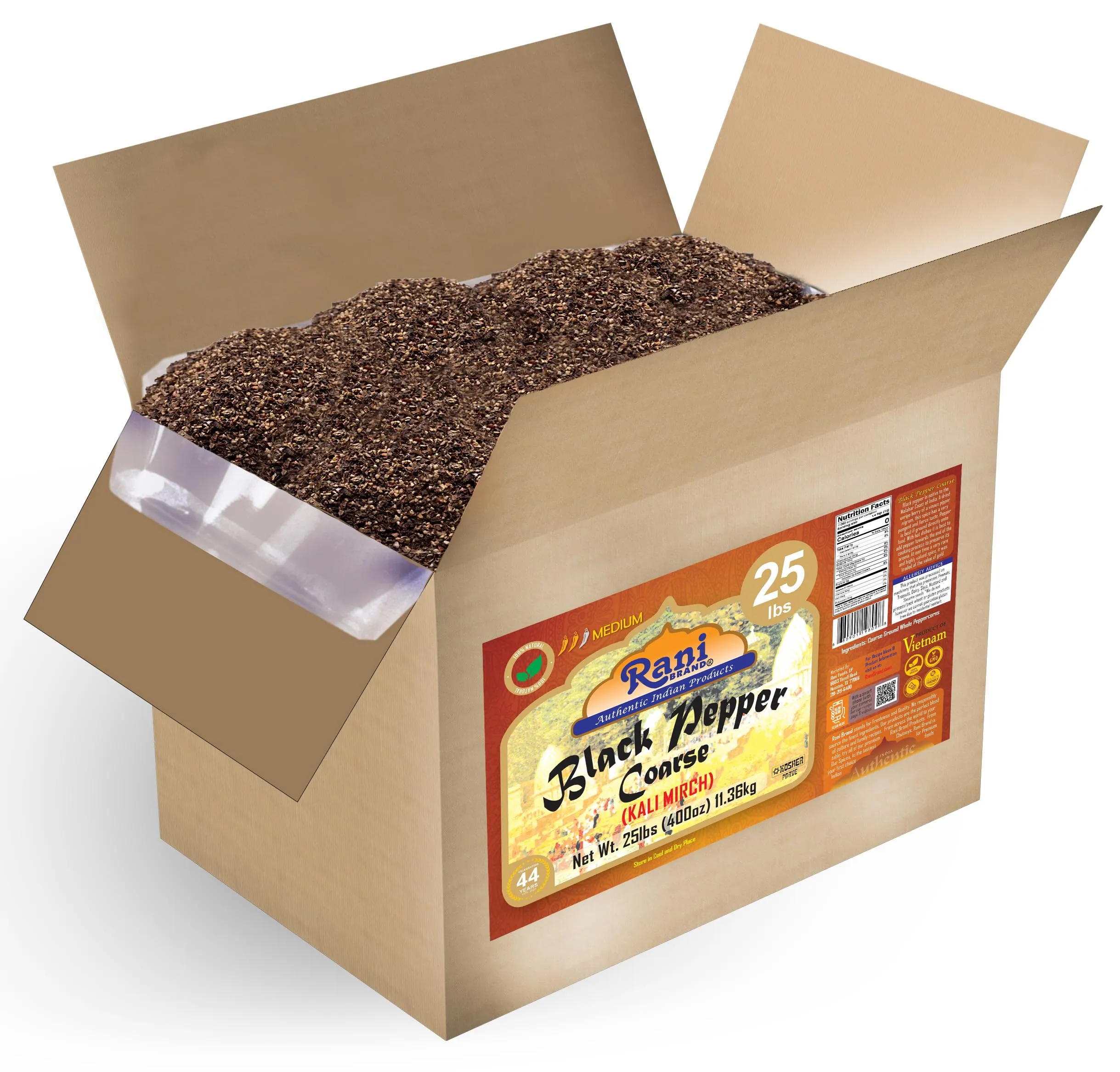 Rani Black Pepper Coarse Ground 28 Mesh Table Grind 400oz (25lbs) 11.36kg