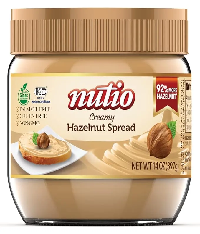 Nutio Creamy Hazelnut Spread - 92% More Hazelnut, 37% Less Added Sugar, Palm Oil Free, Gluten Free, Non-GMO, Cocoa Free, Peanut Free - 14 oz Glass Jar