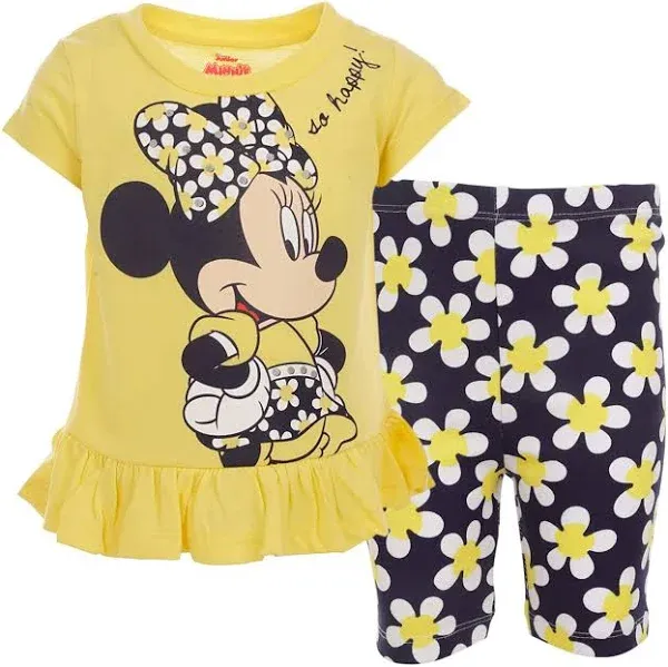 Disney Minnie Mouse Infant Baby Girls T-Shirt and Bike Shorts Outfit Set Floral Lemon Drop 12 Months