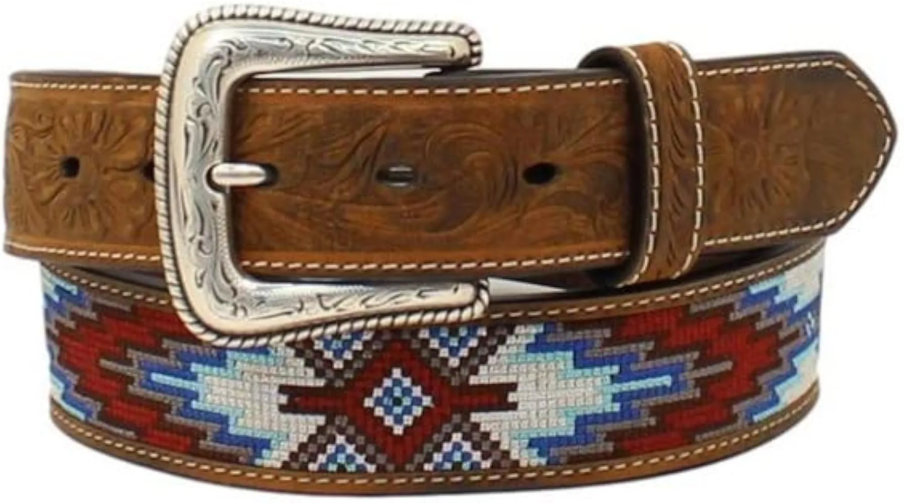 Nocona Beaded Leather Belt Southwestern Aztec Silver Weave Men 42 in