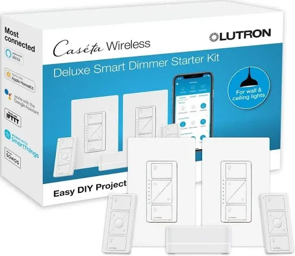 Lutron Caseta Smart Lighting Kit w/ Hub, 2 Original Dimmer Switches, 2 Pico Remotes, & More, for LED Bulbs, Works w/ Alexa, Apple Homekit, Google Home, 150W Single-Pole/3-Way, P-BDG-PKG2W-A