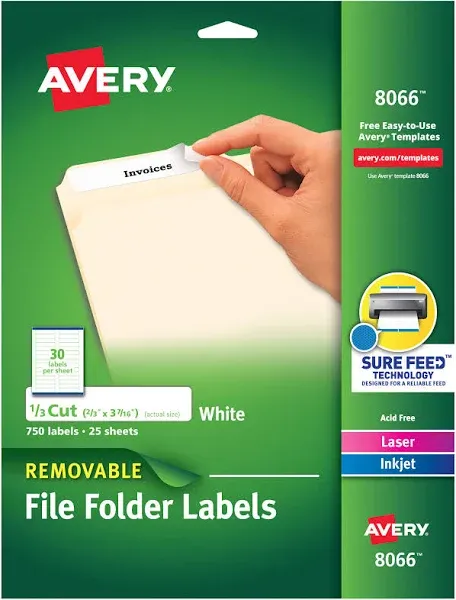 Avery® Removable File Folder Labels with Sure Feed Technology, 0.66 x 3.44, White, 30/Sheet, 25 Sheets/Pack (AVE8066)