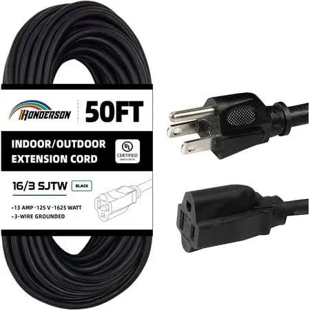 50FT Outdoor Extension Cord-16/3 SJTW Durable Black Extension Cable with 3 Prong Grounded Plug for Safety,Great for Outside Christmas Decorations