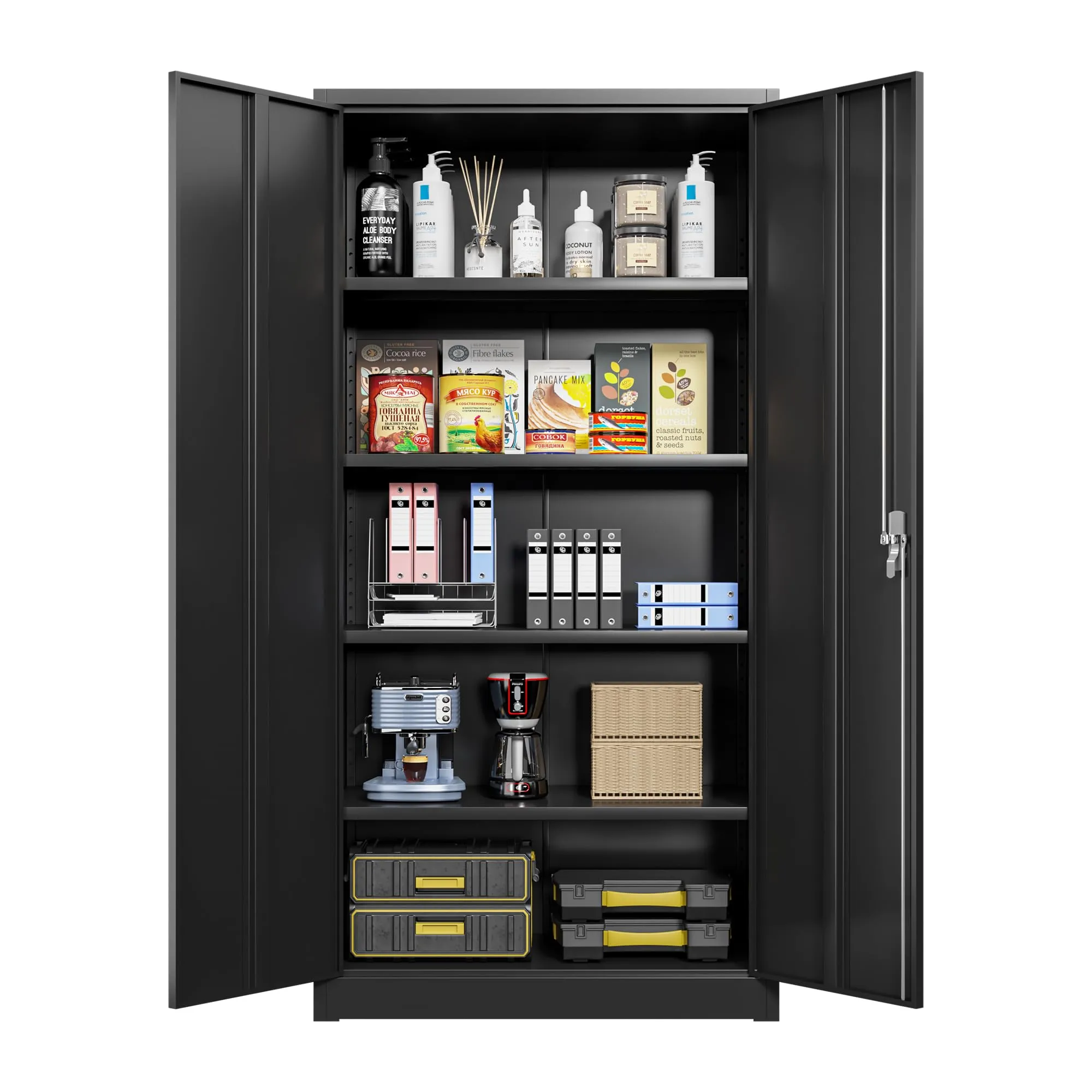 Lockable Storage Cabinet, 71&#039; Garage Storage Cabinets with Lock, Black Metal