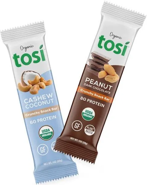 Tosi Variety Pack Protein Bars, Plant Based with Nuts, Gluten-Free Crunchy Snacks, Vegan, Organic, Flax & Chia Seeds, Soy-Free, Omega 3s, 5G-20G Protein, 1 oz and 2.4 oz, 8-Pack