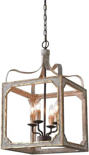 French 4-Light Lantern Chandelier Square Candelabra Pendant Light In Antique Gra