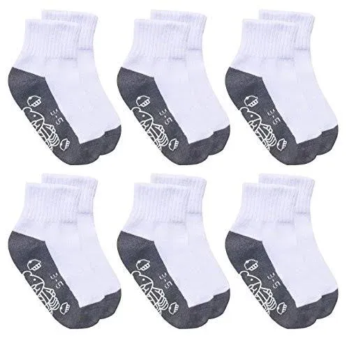 Anti Non Skid Slip Slipper Crew Socks For Unisex Kids,Boys,Girls (6-pack) (5-7 years, White/Grey)