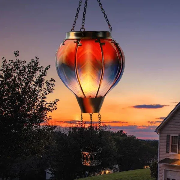 Hot Air Balloon Solar Lantern with Flickering Flame Light Outdoor Solar Hangi...