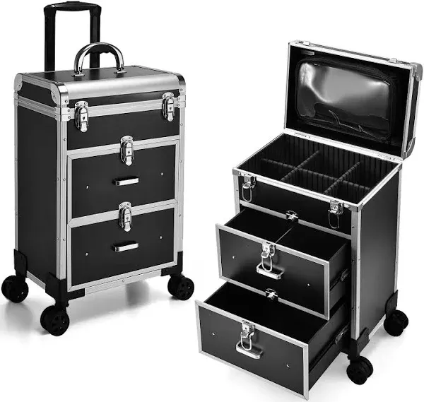 Adazzo Professional Rolling Makeup Train Case with Drawers Large Cosmetic Trolley with Locks