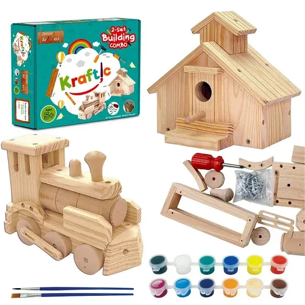 Kraftic Woodworking Building Kit for Kids and Adults, 2 Educational DIY Carpentry Construction Wood Model Kit Toy Projects for Boys and Girls