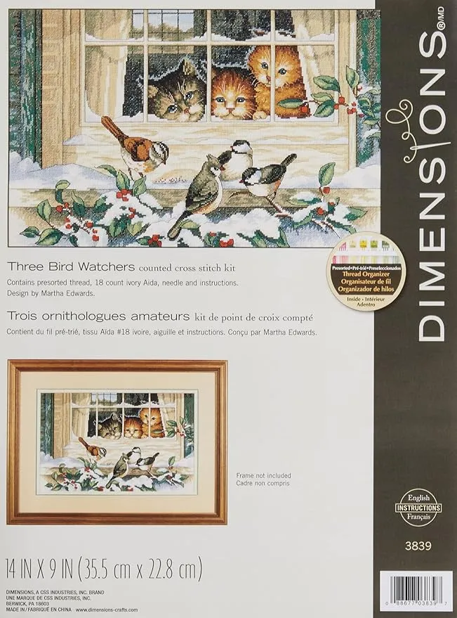 Dimensions Three Bird Watchers Quilt 43x34 Stamped Cross Stitch Kit # 3231 -New