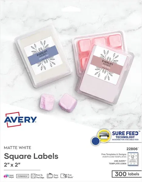 Avery® Square Labels w/ Sure Feed & TrueBlock, 2 x 2, White, 300/Pack (AVE22806)