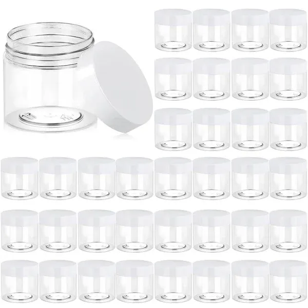 36 Pack 6 OZ Plastic Jars Round Clear Cosmetic Container Jars with White Lids, Eternal Moment Plastic Slime Jars for Lotion, Cream, Ointments, Makeup, Eye shadow, Rhinestone, Samples, Travel Storage