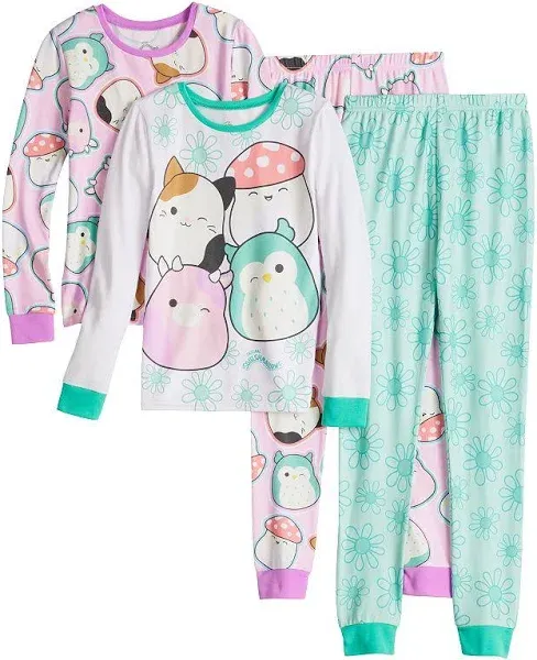 Squishmallows 4 Piece Pajama Set - Girls PJ Set with Long Sleeve Shirt & Pants - Pink Sleepwear Set - Official License