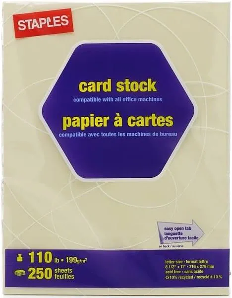 Staples 67 lb. Cardstock Paper 8.5"" x 11"" Cream 250 Sheets/Pack (82997)