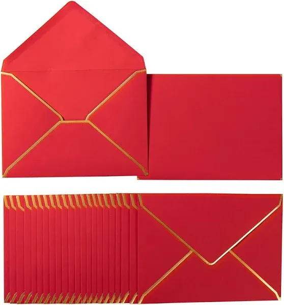 Keketer 50 Pack 5x7 Envelopes with Gold Border Red for Invitations, Self Adhesive A7 Envelopes for Greeting Cards Gift Cards, Invitation Envelopes for Wedding, Graduation, Baby Shower, Party