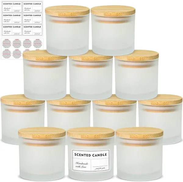 4oz Candle Jars 12 Pack- Frosted Bulk Small Glass Candle Jars with Bamboo Lids, with Stickers and Labels, Empty Candle Jars for Making Candles Containers - Dishwasher Safe