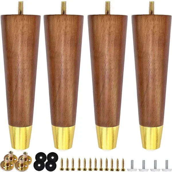 Taoeifuor 8 inch Hard Wood Furniture Legs with Gold Hardware Mid-century Modern Replacement Round Legs for Couch Dresser Cabinet Vanity Ottoman