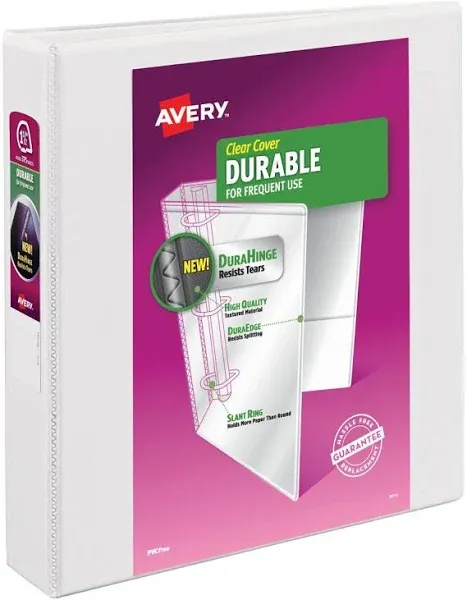 Avery® Durable View Binder with DuraHinge and Slant Rings, 3 Rings, 1.5" Capacity, 11 x 8.5, White (AVE17022) Each