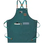 AFUN Chef Aprons for Men Women with Large Pockets, Cotton Canvas Cross Back Heavy Duty Adjustable Work Apron, Size M to XXL (DarkGreen)