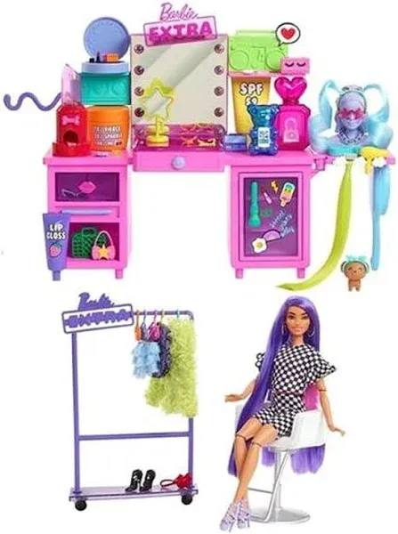 Barbie Extra Doll & Vanity Playset with Exclusive Doll, Pet Puppy & 45+ Pieces Including Vanity, Rolling Clothing Rack, Light-Up Mirror, Clothes & Accessories