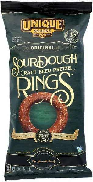 Unique Snacks Sourdough Craft Beer Pretzel Rings, Delicious Homestyle Baked Snack Bag, Vegan, OU Kosher, and Non-GMO Food, No Artificial Flavor, 11 Oz. Bag, Pack of 12