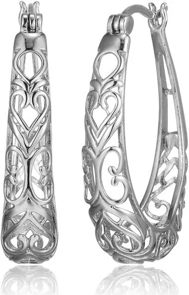 Sterling Silver Filigree Oval Hoop Earrings, Women's