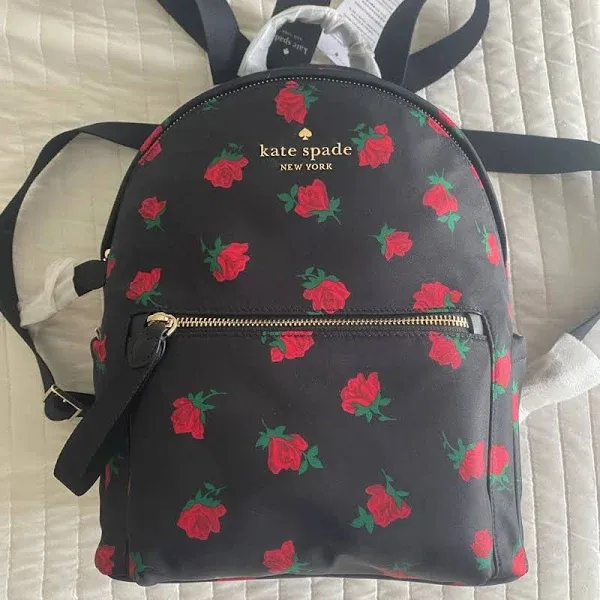 Kate Spade Chelsea Rose Toss Printed Medium Backpack Nylon Black Multi