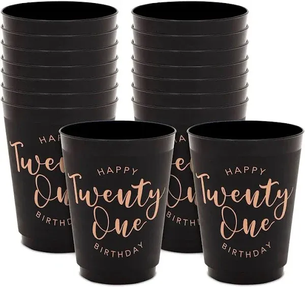 Sparkle and Bash Black and Gold 21st Birthday Party Cups, Reusable Plastic Tumblers (16 oz, 16 Pack)